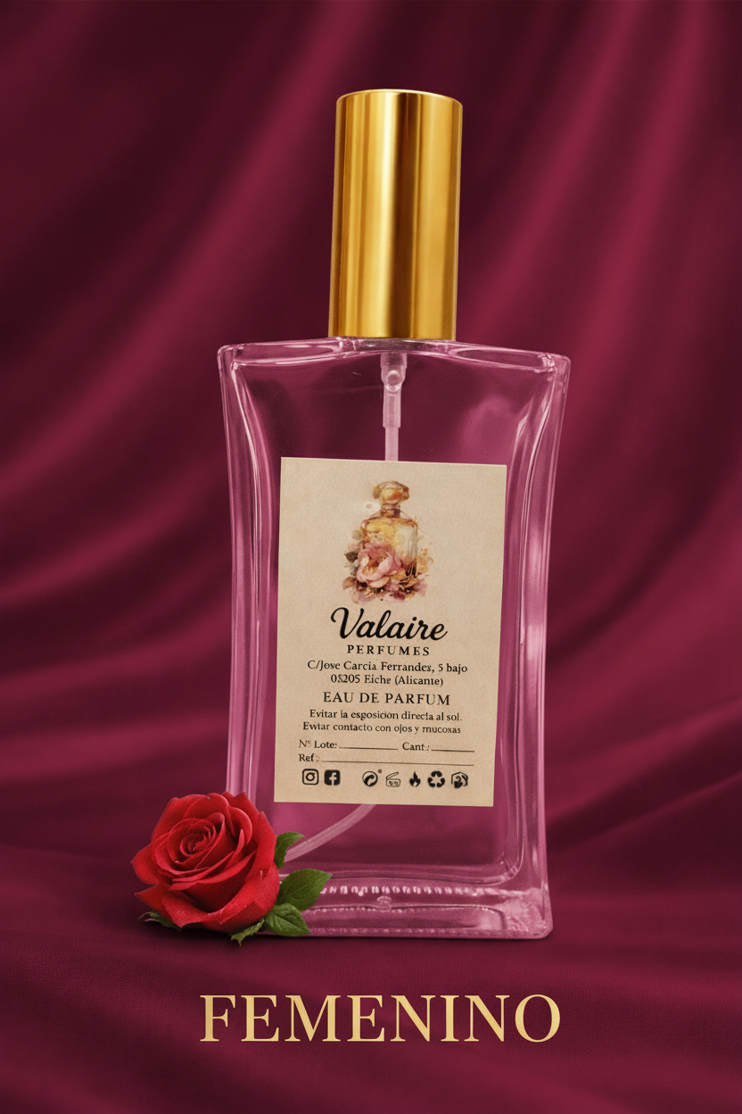 Botella Valaire Perfumes con texto FEMENINO