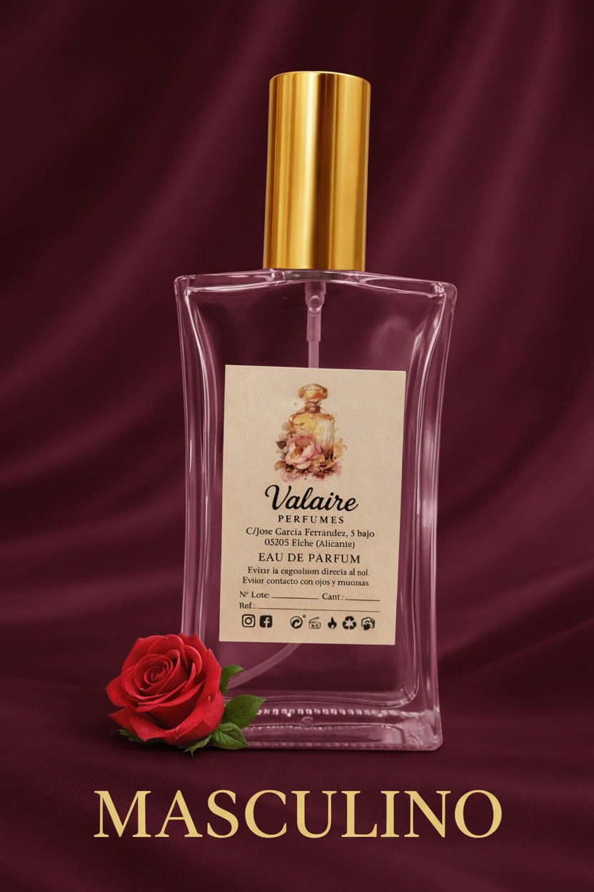 Botella Valaire Perfumes con texto MASCULINO